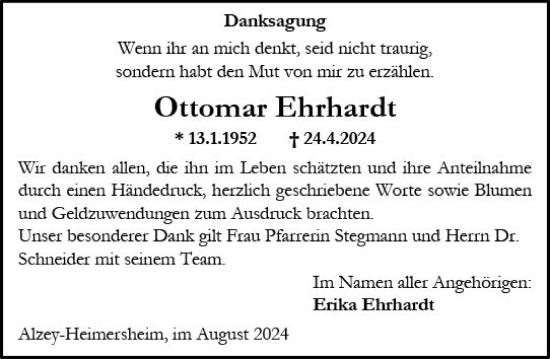 Traueranzeige von Ottonaar Ehrhardt von Allgemeine Zeitung Alzey
