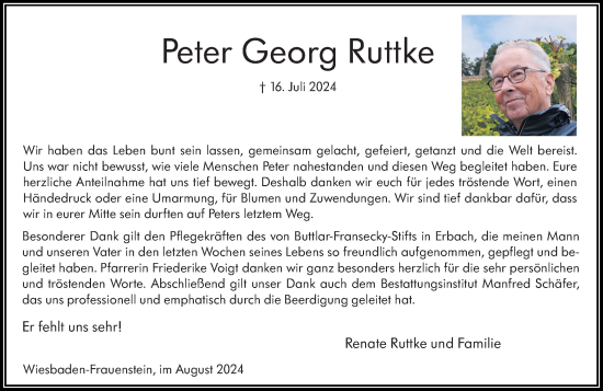 Traueranzeige von Peter Georg Ruttke von Wiesbadener Kurier