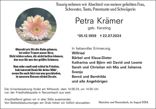 Traueranzeige von Petra Krämer von Dill Block