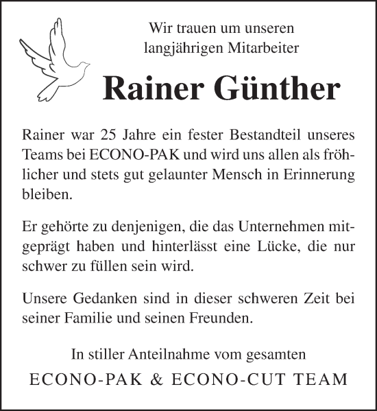 Traueranzeige von Rainer Günther von Allgemeine Zeitung Alzey