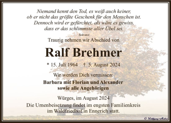 Traueranzeige von Ralf Brehmer von Camberger Anzeiger