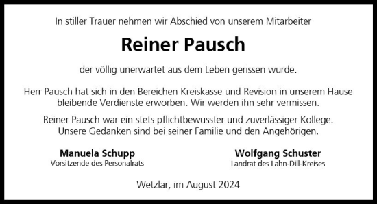 Traueranzeige von Reiner Pausch von Dill Block