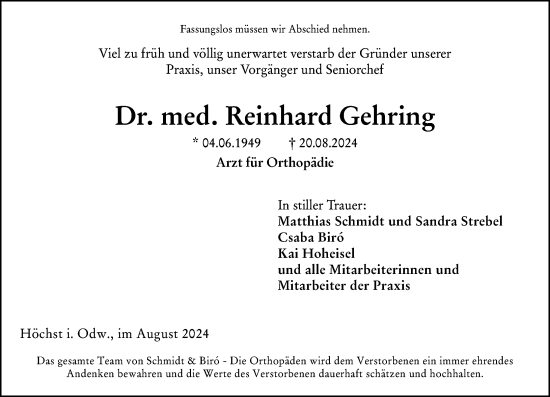 Traueranzeige von Reinhard Gehring von Odenwälder Echo
