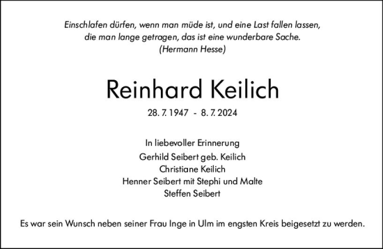 Traueranzeige von Reinhard Keilich von Wetzlarer Neue Zeitung