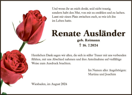 Traueranzeige von Renate Ausländer von Wiesbadener Kurier