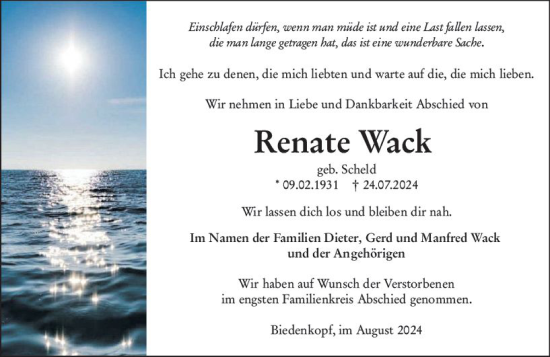 Traueranzeige von Renate Wack von Hinterländer Anzeiger