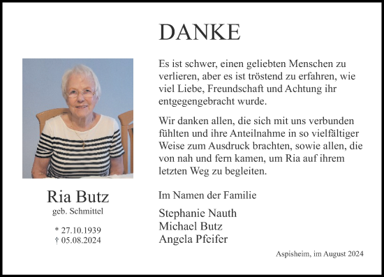 Traueranzeige von Ria Butz von Allgemeine Zeitung Rheinhessen-Nahe