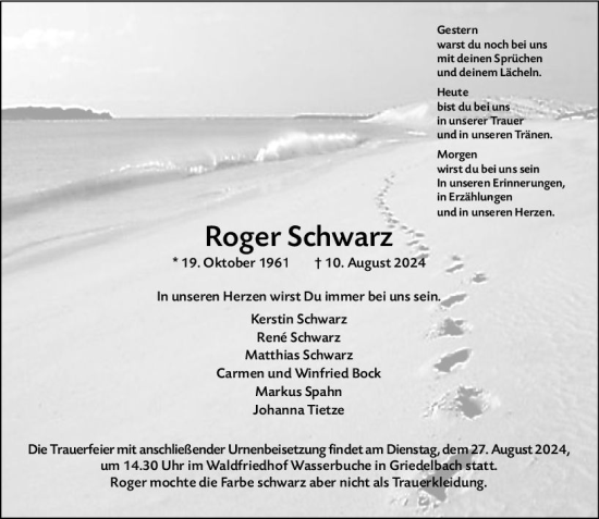 Traueranzeige von Roger Schwan von Weilburger Tageblatt