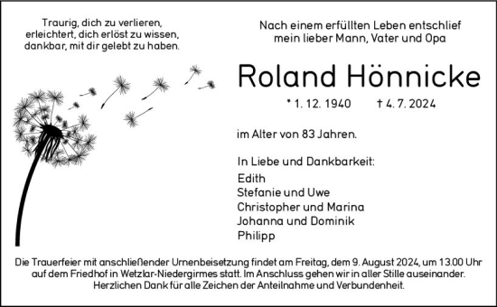 Traueranzeige von Roland Hönnicke von Wetzlarer Neue Zeitung