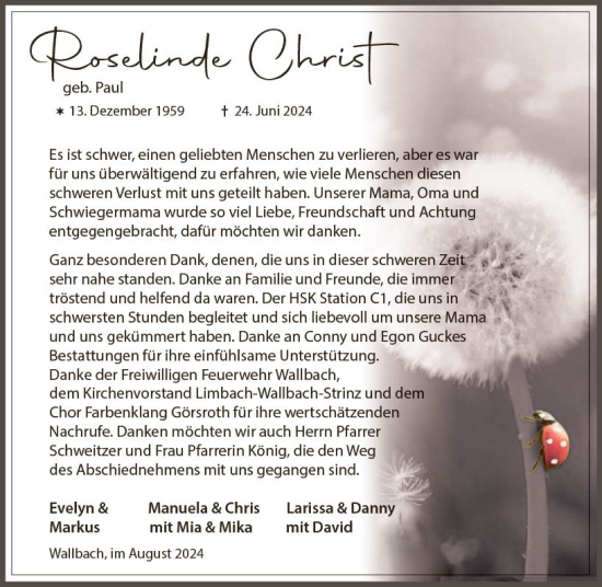 Traueranzeige von Roselinde Christ von Idsteiner Land/Untertaunus