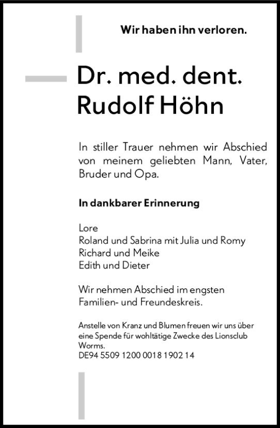 Traueranzeige von Rudolf Höhn von Wormser Zeitung