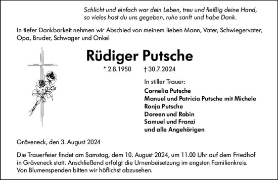 Traueranzeige von Rüdiger Putsche von Weilburger Tageblatt
