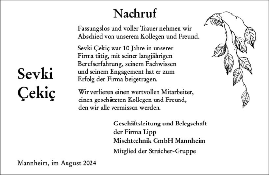 Traueranzeige von Sevki Cekic von Wormser Zeitung