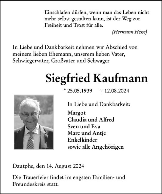 Traueranzeige von Siegfried Kaufmann von Hinterländer Anzeiger