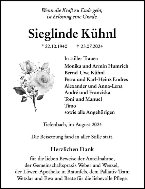 Traueranzeige von Sieglinde Kühnl von Wetzlarer Neue Zeitung