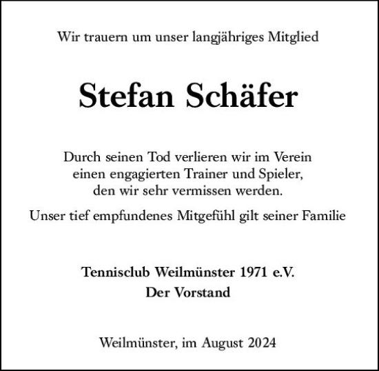 Traueranzeige von Stefan Schäfer von Weilburger Tageblatt