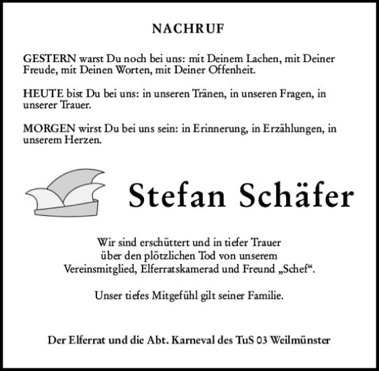 Traueranzeige von Stefan Schäfer von Weilburger Tageblatt