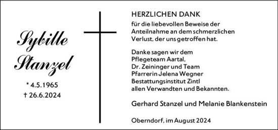 Traueranzeige von Sybille Stanzel von Hinterländer Anzeiger
