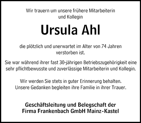 Traueranzeige von Ursula Ahl von Allgemeine Zeitung Mainz