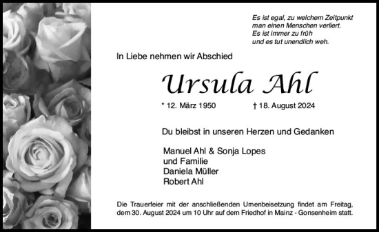 Traueranzeige von Ursula Ahl von Allgemeine Zeitung Mainz