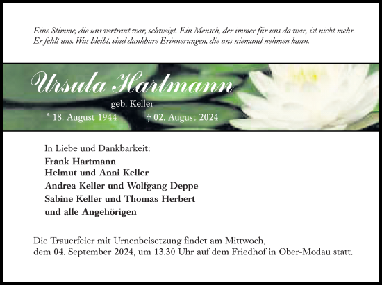 Traueranzeige von Ursula Hartmann von Darmstädter Echo