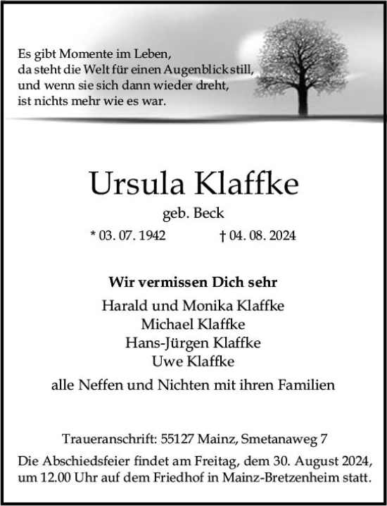 Traueranzeige von Ursula Klaffke von Allgemeine Zeitung Mainz