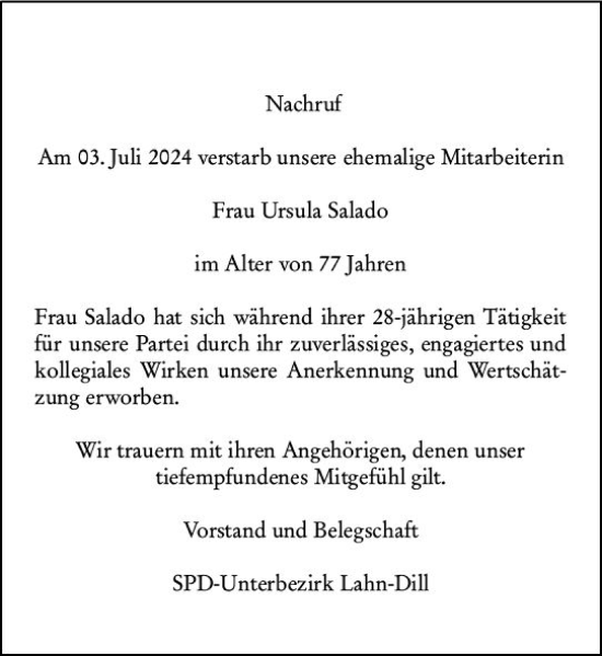 Traueranzeige von Ursula Salado von Wetzlarer Neue Zeitung