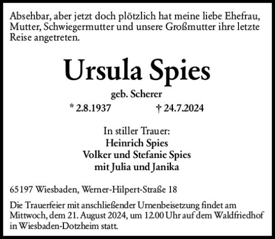 Traueranzeige von Ursula Spies von Wiesbadener Kurier