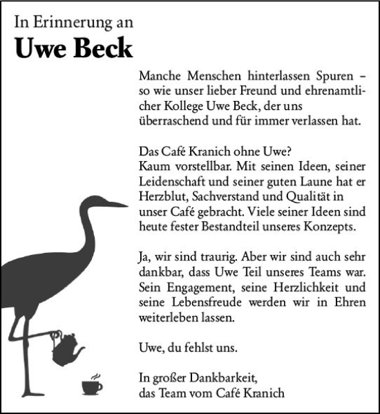 Traueranzeige von Uwe Beck von Darmstädter Echo