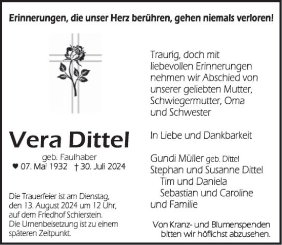 Traueranzeige von Vera Dittel von Wiesbadener Kurier