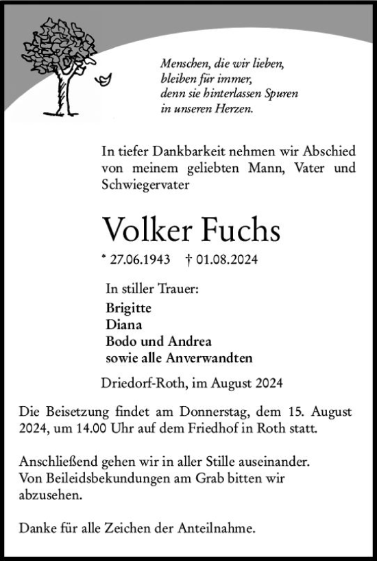 Traueranzeige von Volker Fuchs von Dill Block