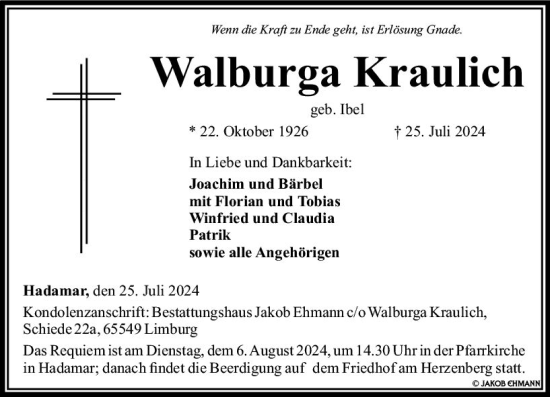 Traueranzeige von Walburga Kraulich von Nassauische Neue Presse