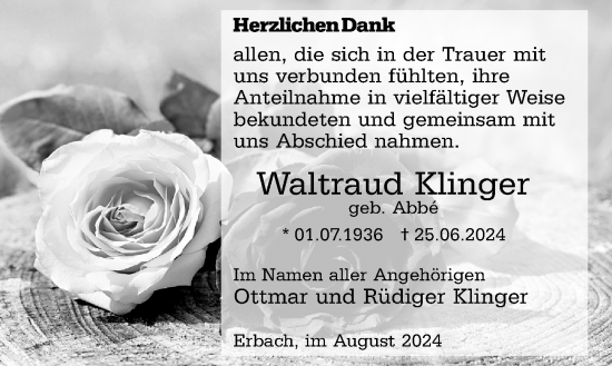 Traueranzeige von Waltraud Klinger von Odenwälder Echo
