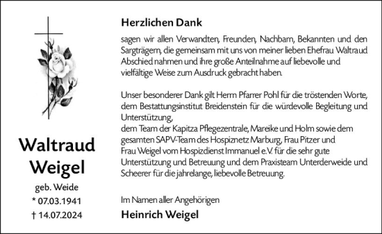 Traueranzeige von Waltraud Weigel von Hinterländer Anzeiger