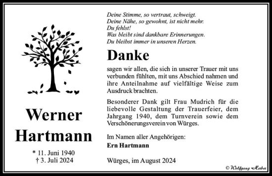 Traueranzeige von Werner Hartmann von Camberger Anzeiger