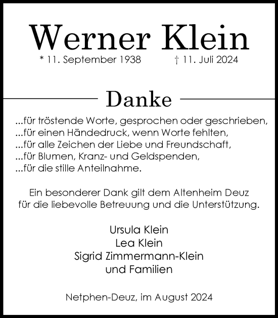 Traueranzeige von Werner Klein von Dill Block