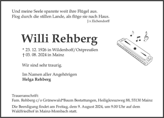 Traueranzeige von Willi Rehberg von Allgemeine Zeitung Mainz