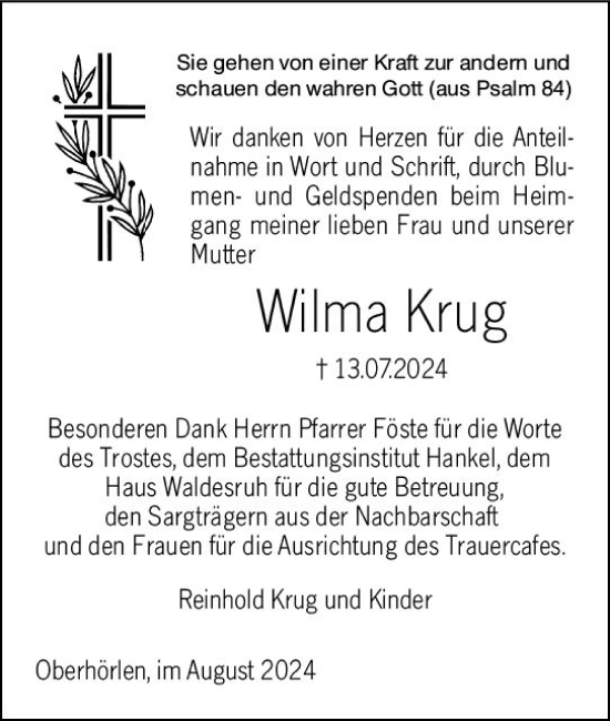Traueranzeige von Wilma Krug von Hinterländer Anzeiger