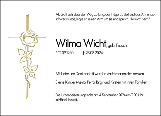 Traueranzeige von Wilma Wicht von Darmstädter Echo