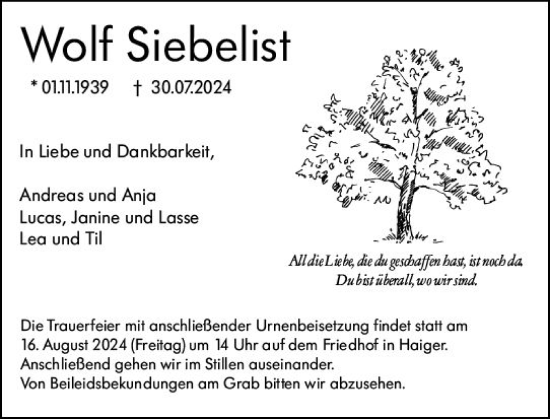 Traueranzeige von Wolf Siebelist von Dill Block
