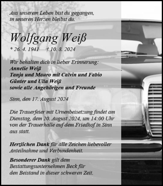 Traueranzeige von Wolfgang Weiß von Dill Block