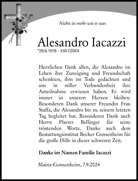 Traueranzeige von Alesandro Iacazzi von Allgemeine Zeitung Alzey