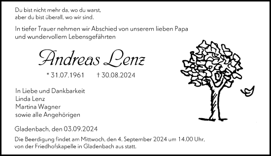 Traueranzeige von Andreas Lenz von Hinterländer Anzeiger