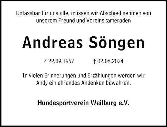 Traueranzeige von Andreas Söngen von Weilburger Tageblatt