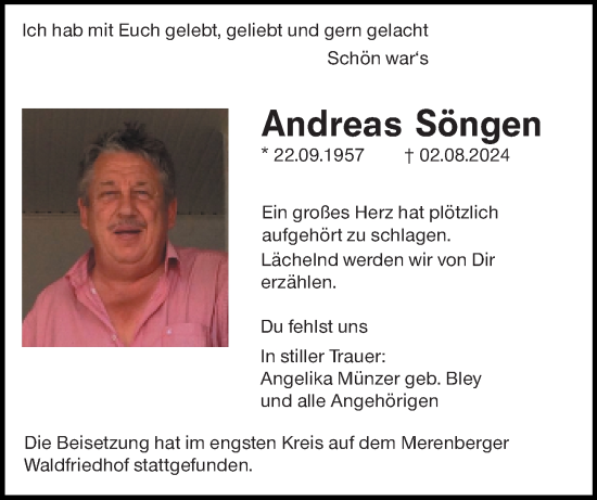 Traueranzeige von Andreas Söngen von Weilburger Tageblatt