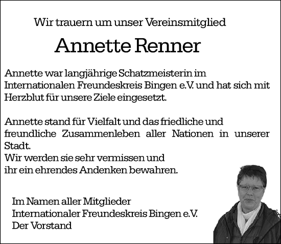 Traueranzeige von Annette Renner von Binger-/Ingelheimer Wochenblatt