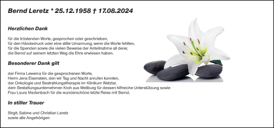 Traueranzeige von Bernd Leretz von Weilburger Tageblatt