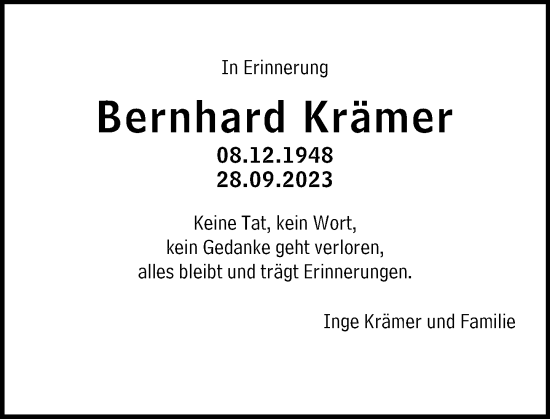 Traueranzeige von Bernhard Krämer von Weilburger Tageblatt
