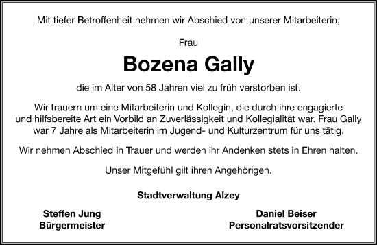 Traueranzeige von Bozena Gally von Allgemeine Zeitung Alzey