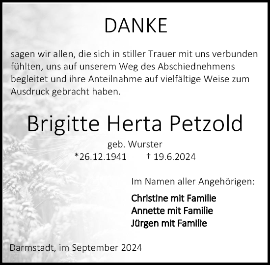 Traueranzeige von Brigitte Petzold von Darmstädter Echo